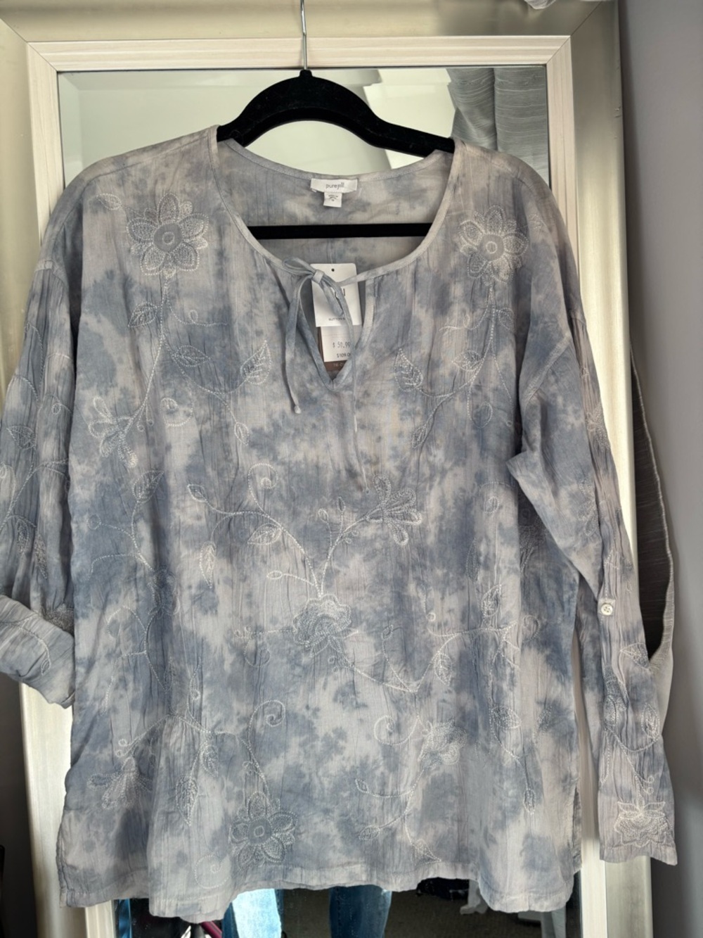 Pure J Jill Tie-Dyed Soft Blue/lavender Embroidered Tie-Neck Cotton Top New Med